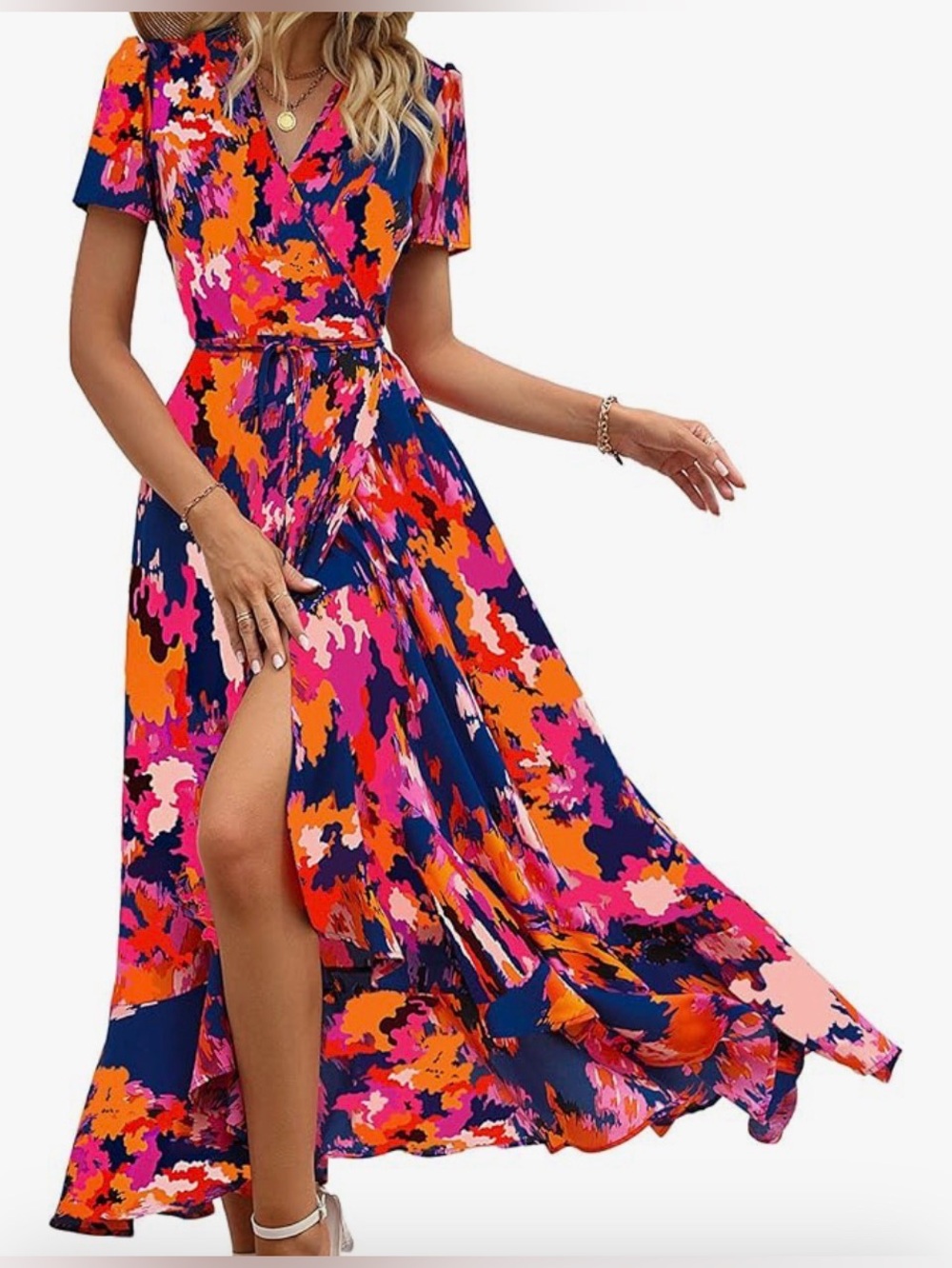 NWT PRETTYGARDEN Women's Boho Floral Maxi Dress Summer Short Sleeve Wrap V Neck